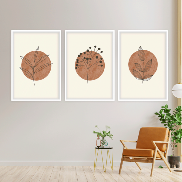 Conjunto 3 Quadros Com Moldura Flor Minimalista