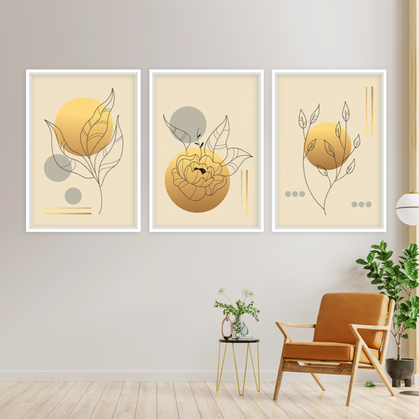 Conjunto 3 Quadros Com Moldura Floral Gold