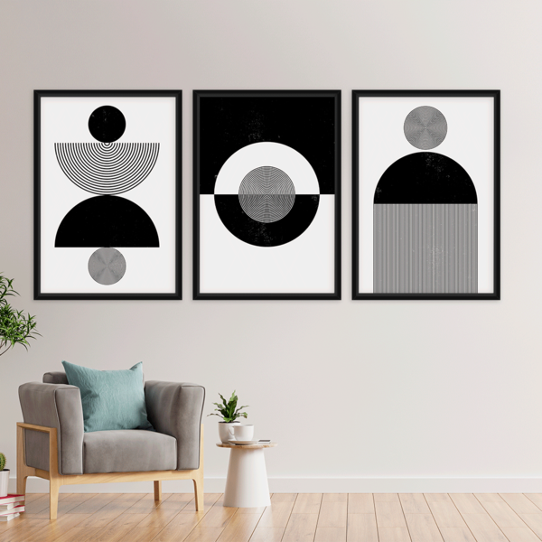 Conjunto 3 Quadros Com Moldura Linhas E Círculos