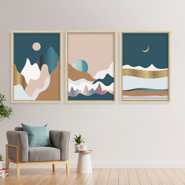 Conjunto 3 Quadros Com Moldura Montanhas Abstratas