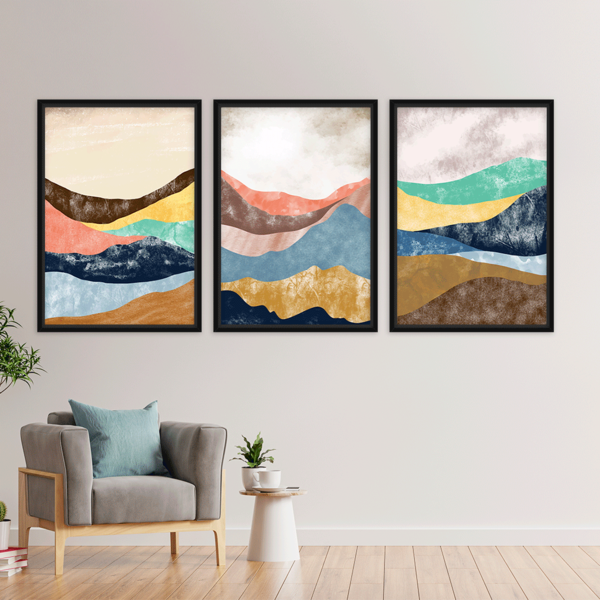 Conjunto 3 Quadros Com Moldura Montanhas Premium