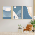 Conjunto 3 Quadros Com Moldura Paisagem Minimalista Azul