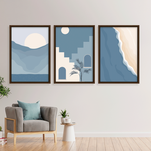 Conjunto 3 Quadros Com Moldura Paisagem Minimalista Azul