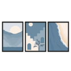 Conjunto 3 Quadros Com Moldura Paisagem Minimalista Azul