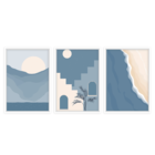 Conjunto 3 Quadros Com Moldura Paisagem Minimalista Azul