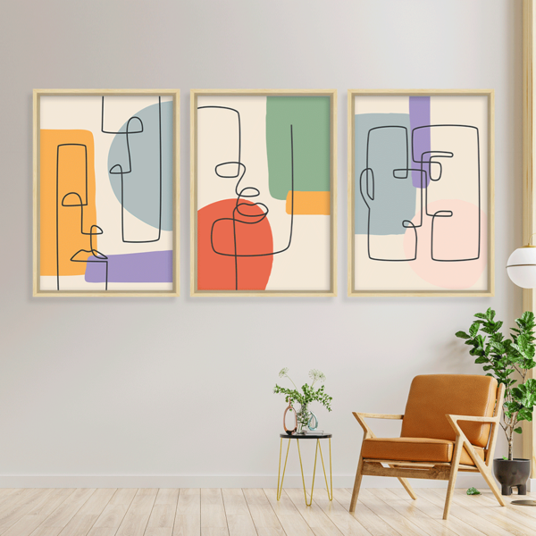 Conjunto 3 Quadros Com Moldura Rosto Abstrato