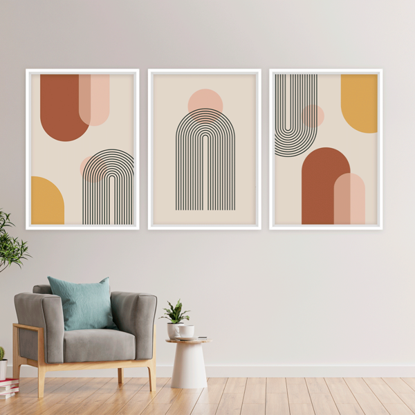 Conjunto 3 Quadros Com Moldura Símbolos Abstratos