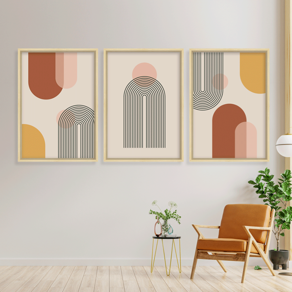 Conjunto 3 Quadros Com Moldura Símbolos Abstratos