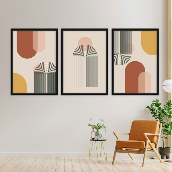 Conjunto 3 Quadros Com Moldura Símbolos Abstratos