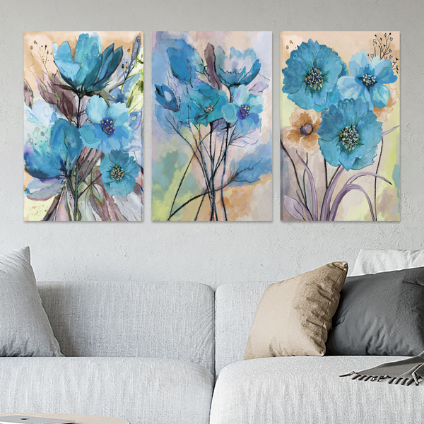 Conjunto 3 Quadros Decorativos Tela Em Lona Flores Aquarelas
