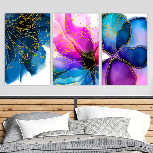 Conjunto 3 Quadros Decorativos Tela Em Lona Folhas Aquarela 1