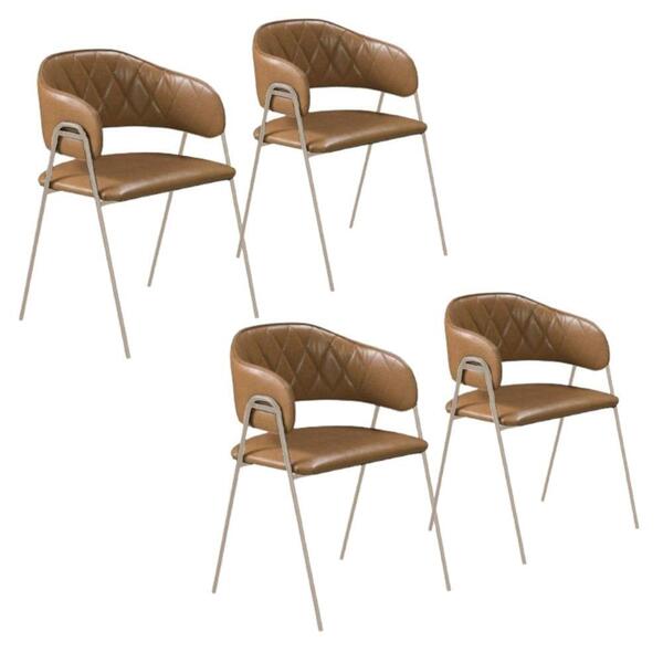 Conjunto 4 Cadeiras Veneza No Couro Caramelo E Metal Champanhe