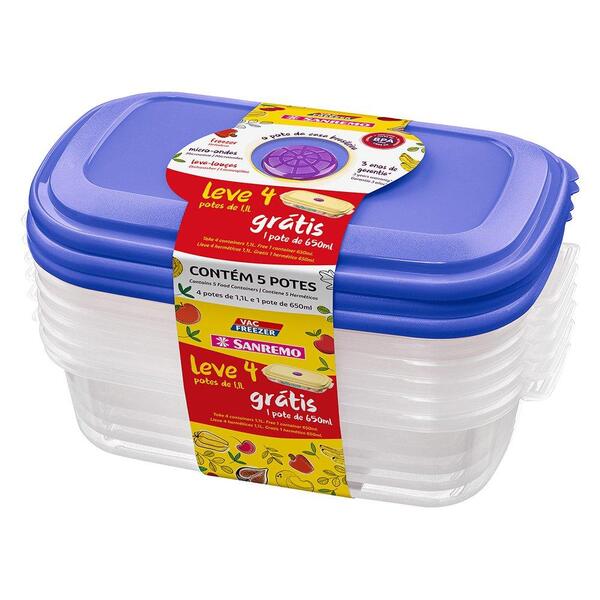 Conjunto 4 Potes 1,1l Vac Freezer + 1 Pote 650ml - Sanremo
