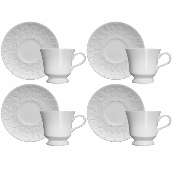 Conjunto 4 Xícaras de Café com Pires 80ml Porcelana em Relevo