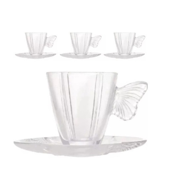 Conjunto 4 Xícaras De Café De Vidro Com Pires Butterfly  80ml