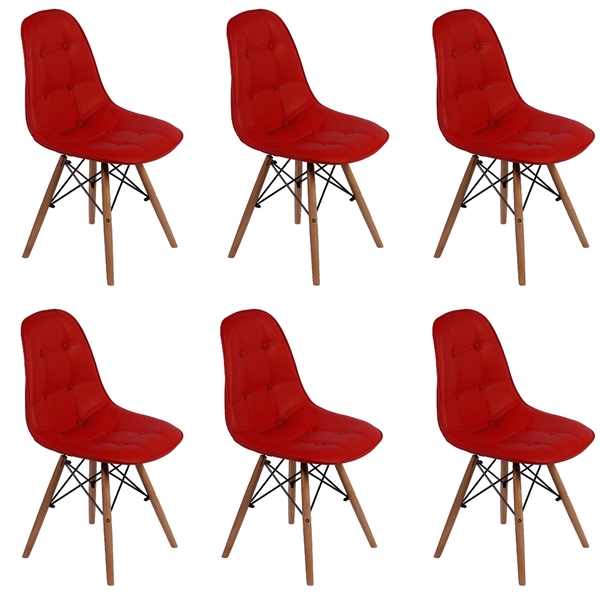 Conjunto 6 Cadeiras Dkr Charles Eames Wood Estofada Botonê -