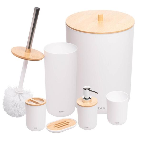 Conjunto 6 Peças De Bambu E Abs Para Banheiro Branco