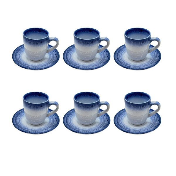 Conjunto 6 Xícaras E Pires Em Porcelana Branco E Azul 100ml B