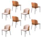 Conjunto 8 Cadeiras Aurora Linho Bege Couro Caramelo Metal Pr