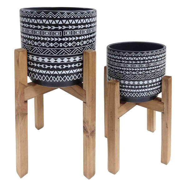 Conjunto. De Cachepots De Ceramica Com Base De Madeira - 2ps