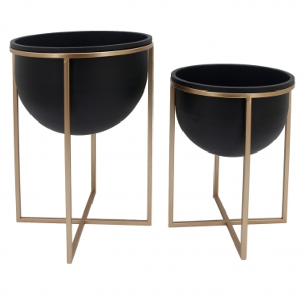 Conjunto. De Cachepots Em Metal Preto E Dourado - 2pçs