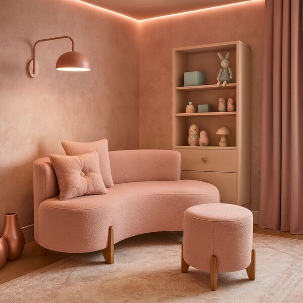 Conjunto  Sofá Curvo Orgânico + 01 Puff  Luna Boucle Rosa - M