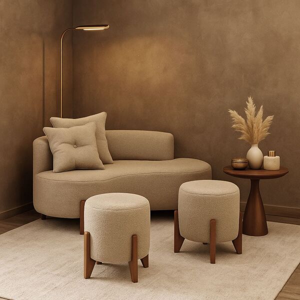 Conjunto  Sofá Curvo Orgânico + 02 Puff  Luna Boucle Bege - M