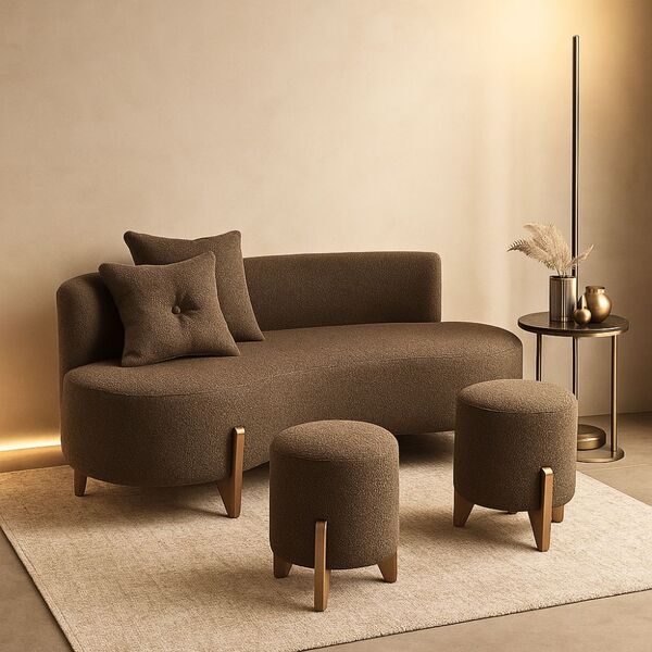 Conjunto  Sofá Curvo Orgânico + 02 Puff  Luna Boucle Cappucci