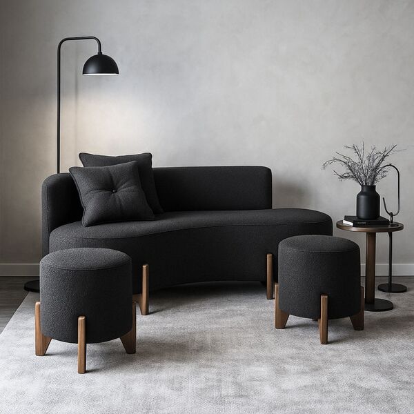 Conjunto  Sofá Curvo Orgânico + 02 Puff  Luna Boucle Chumbo -