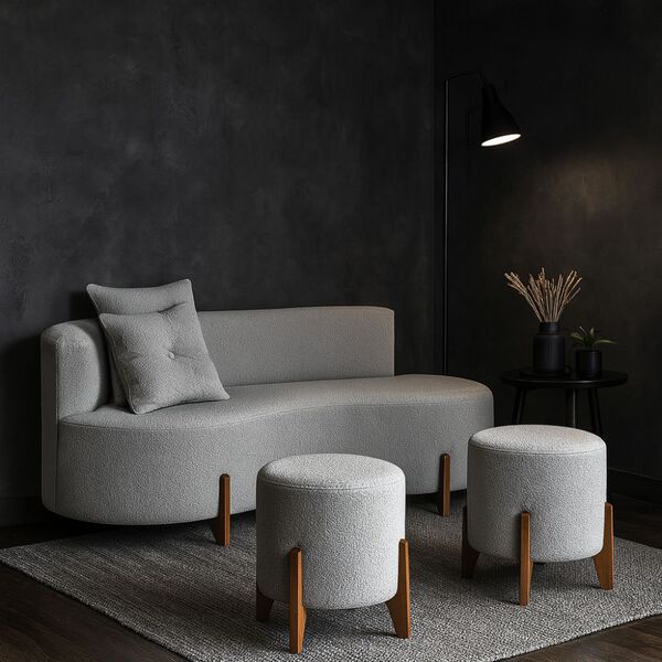 Conjunto  Sofá Curvo Orgânico + 02 Puff  Luna Boucle Cinza Cl