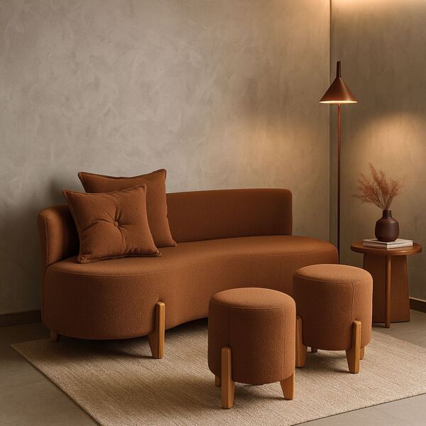 Conjunto  Sofá Curvo Orgânico + 02 Puff  Luna Boucle - Montan
