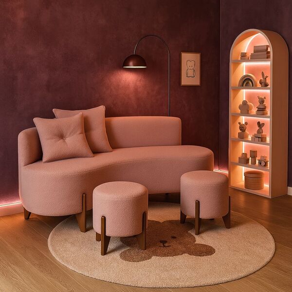 Conjunto  Sofá Curvo Orgânico + 02 Puff  Luna Boucle Rosa - M