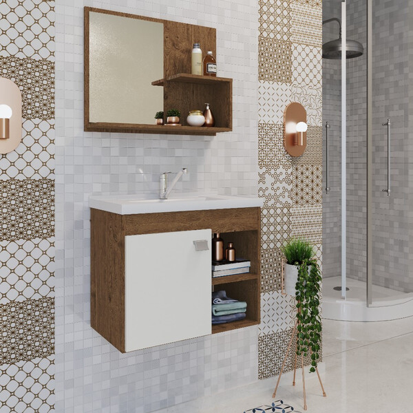 Conjunto Armário Banheiro Bia com Espelheira MGM Amendoa/Bran