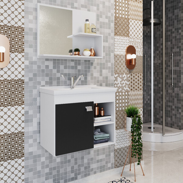 Conjunto Armário Banheiro Bia com Espelheira MGM Branco/Preto