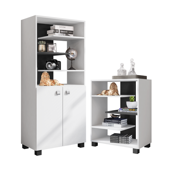 Conjunto Armário Com Porta E Estante Eckart Branco Preto