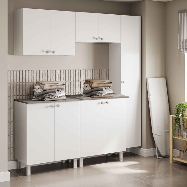 Conjunto Armário Multiuso Para Lavanderia Duo 5 Peças Branco