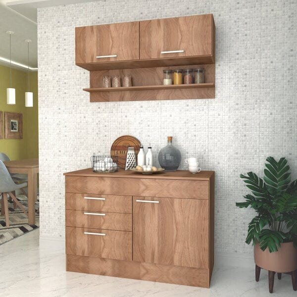 Conjunto Balcão 120cm E Aéreo 2 Portas 1 Preteleira Cj03 Mara