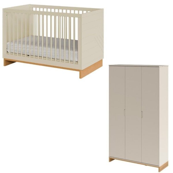 Conjunto Berço 2 Em 1 E Cômoda Cubo Areia/platano