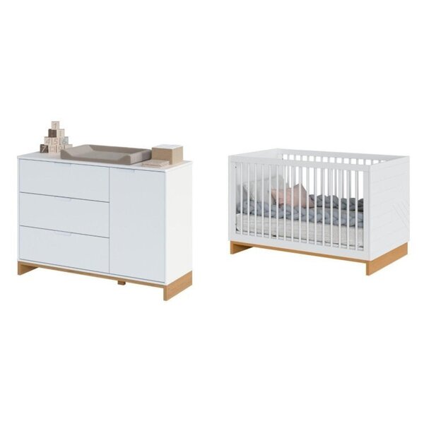 Conjunto Berço 2 Em 1 E Cômoda Cubo Branco/plátano