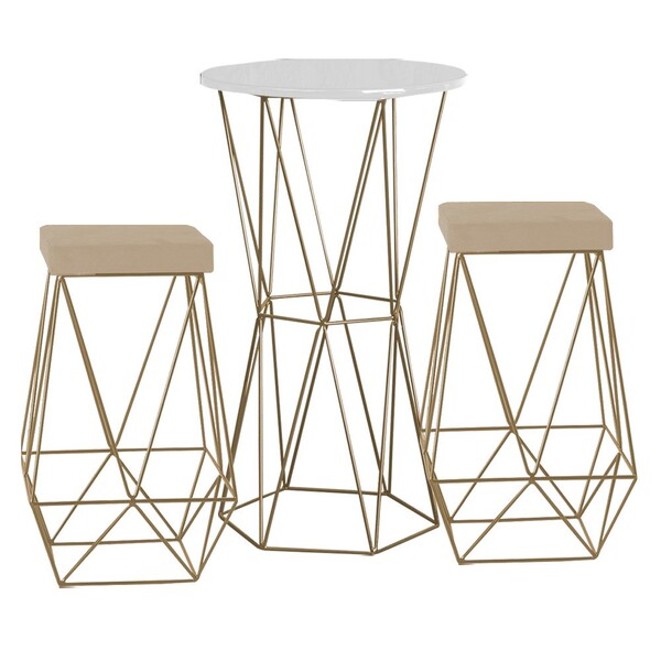 Conjunto Bistrô Rizzo Branco E 2 Banquetas Kathy Veludo Bege