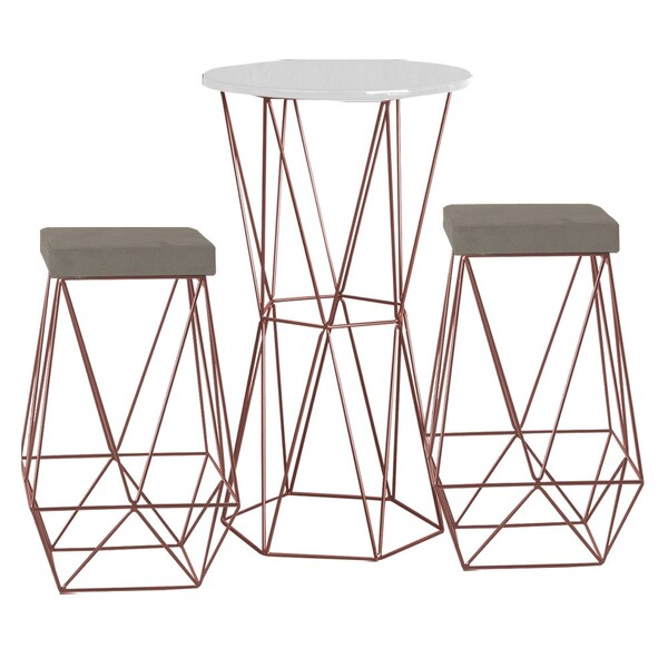 Conjunto Bistrô Rizzo Branco E 2 Banquetas Kathy Veludo Cinza