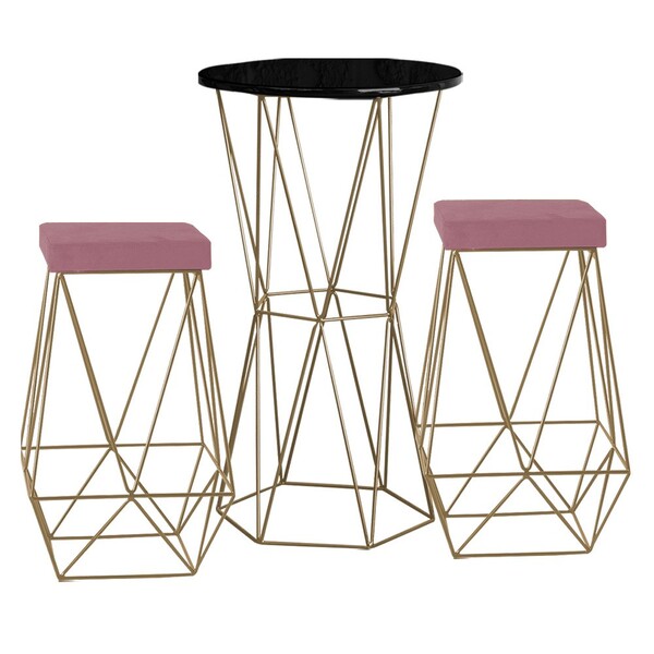 Conjunto Bistrô Rizzo Preto E 2 Banqueta Kathy Veludo Rosê Co