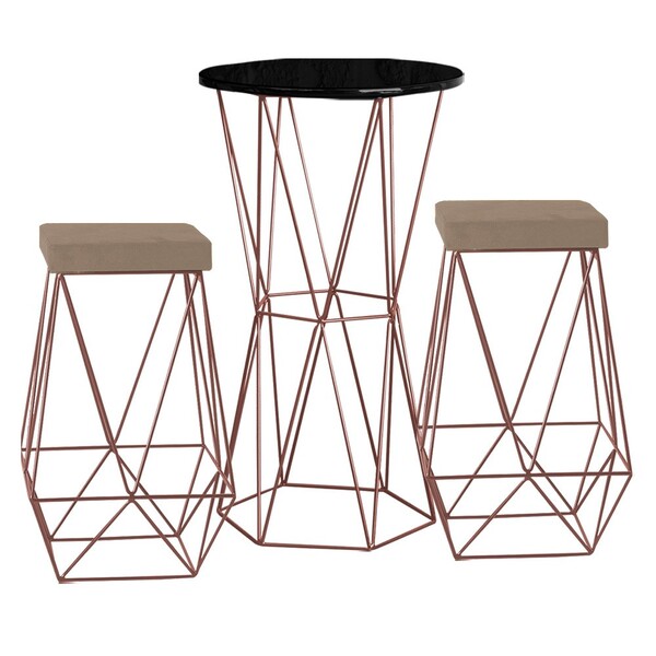 Conjunto Bistrô Rizzo Preto E 2 Banquetas Kathy Suede Cappucc