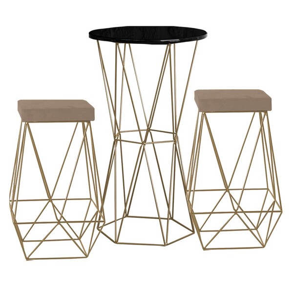 Conjunto Bistrô Rizzo Preto E 2 Banquetas Kathy Suede Cappucc