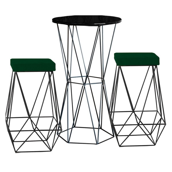 Conjunto Bistrô Rizzo Preto E 2 Banquetas Kathy Suede Verde C
