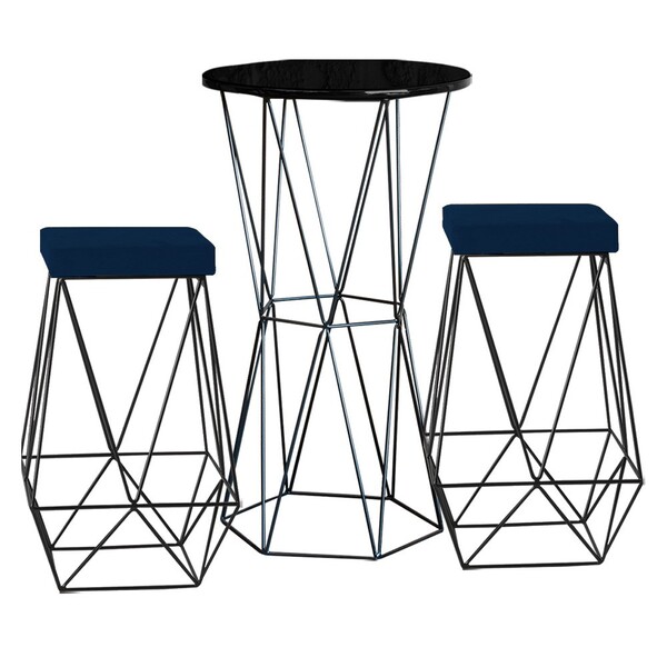 Conjunto Bistrô Rizzo Preto E 2 Banquetas Kathy Veludo Azul C