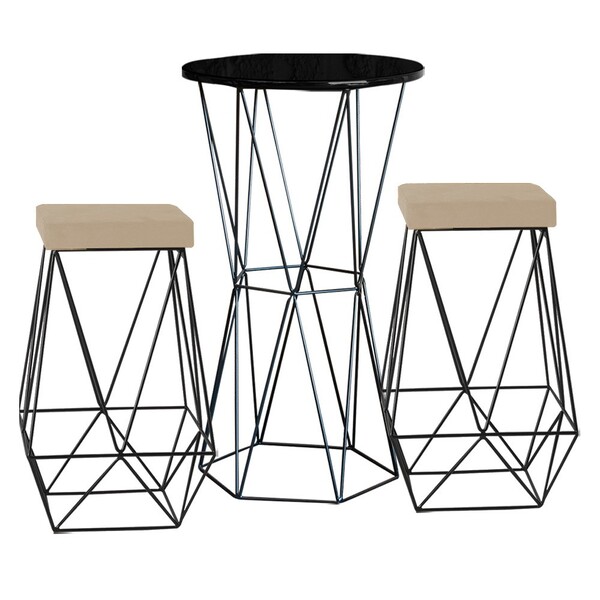 Conjunto Bistrô Rizzo Preto E 2 Banquetas Kathy Veludo Bege C
