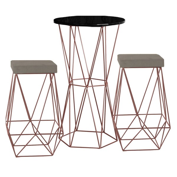 Conjunto Bistrô Rizzo Preto E 2 Banquetas Kathy Veludo Cinza