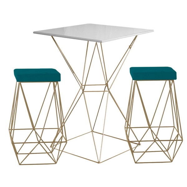 Conjunto Bistrô Yanca Branco E 2 Banquetas Kathy Suede Azul C