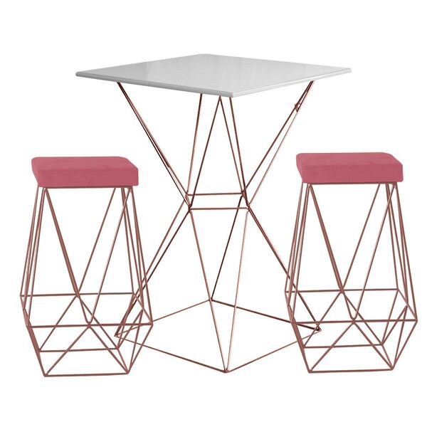 Conjunto Bistrô Yanca Branco E 2 Banquetas Kathy Suede Rosa B